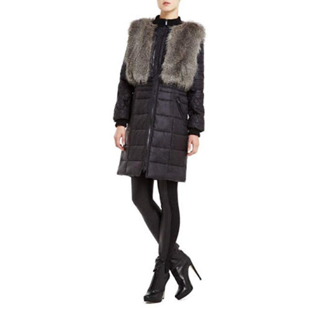BCBG Maxazria Black Noel Quilted Jacket with removable faux fur